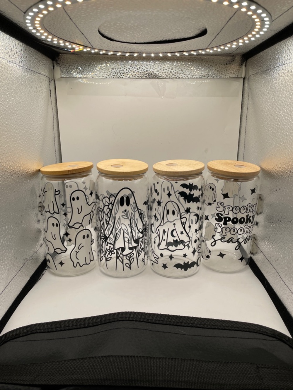Hand Crafted Black & Clear Ghost Glass Storage Jars with Bamboo Lids - Set of 4